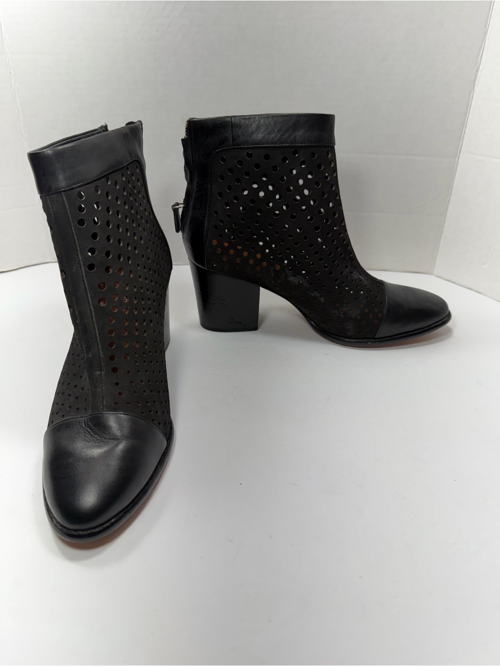 Rebecca Minkoff Perforated Black Leather Ankle Booties with Block Heel size 9M